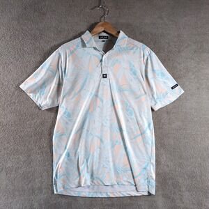Bad Birdie Mens Tropical Leaf Print Golf Polo Shirt XL Pink Blue Lightweight